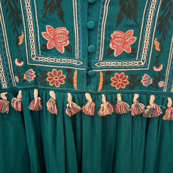 Umgee Teal Embroidered Long Sleeve Boho Dress - Picture 2 of 3